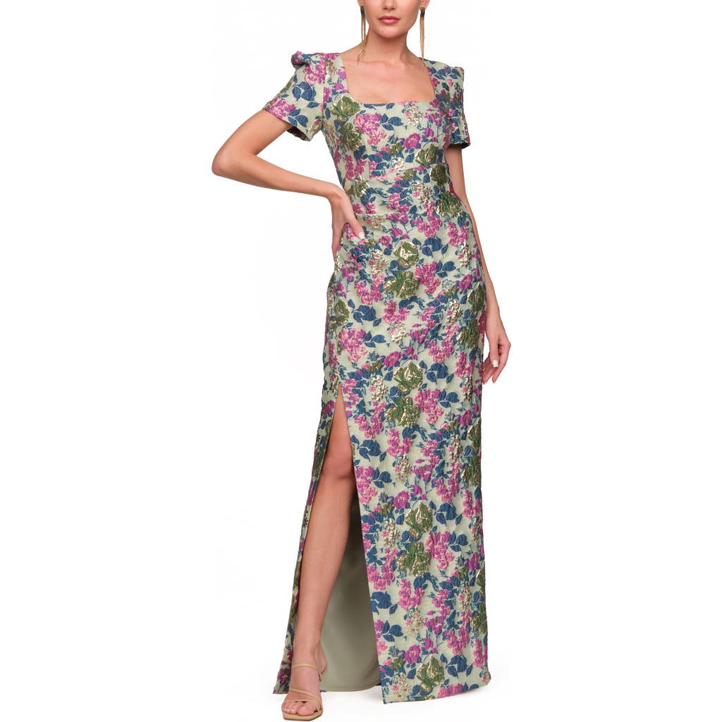 Js Collections Sandy Puff Sleeve Column Gown In Multi