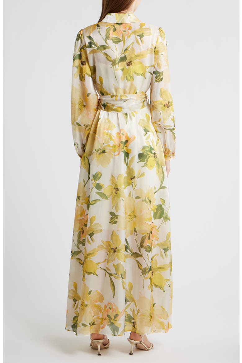 Floral Long Sleeve Tie Belt Organza Cocktail Shirtdress, Alternate, color, YELLOW MULTI