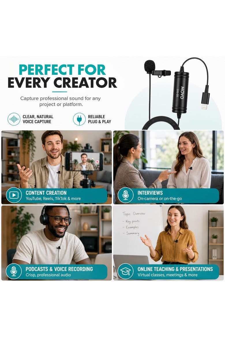 LV1-DI Lightning Lavalier Microphone for iPhone and iPad, MFi Certified Lightning Clip On Mic with 20-Foot Cable, Alternate, color, Black