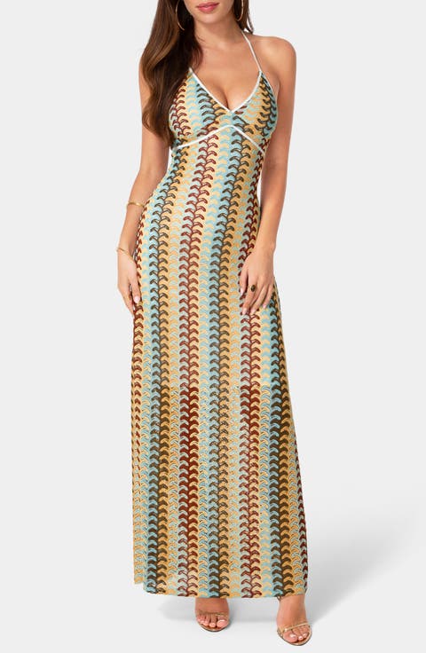 Crochet Stripe Halter Maxi Dress