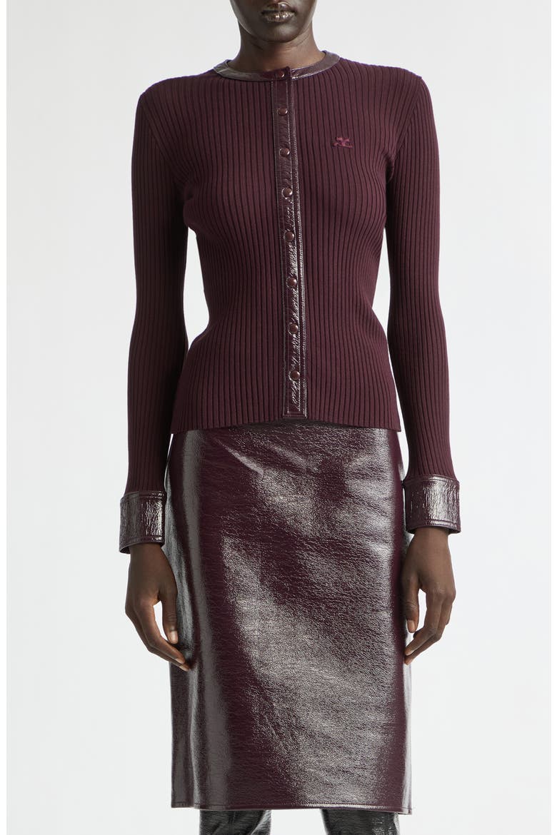 Vinyl Trim Ribbed Cardigan, Main, color, BURGUNDY