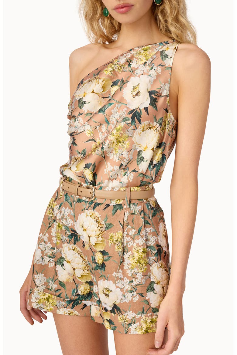 One-Shoulder Stretch Silk Bodysuit, Alternate, color, MORNING FLOURISH