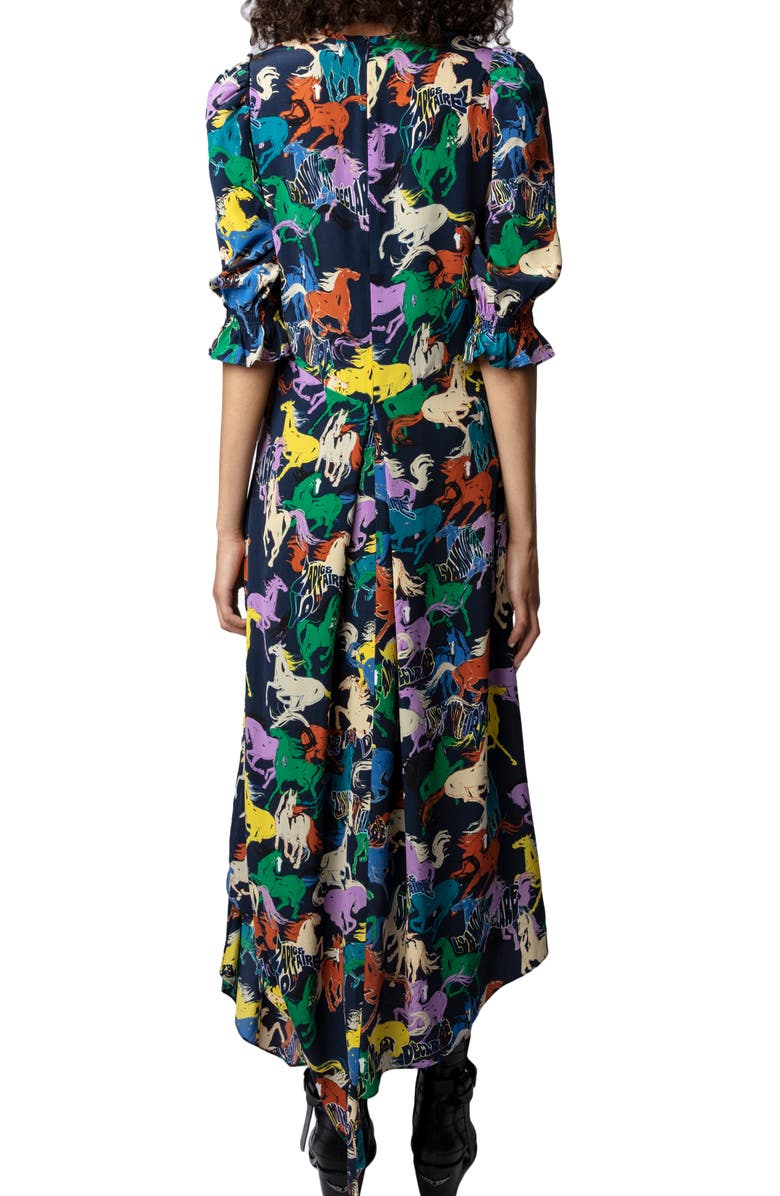 Zadig & Voltaire Ranage Horse Print Silk Crêpe de Chine Maxi Dress, Alternate, color, Blueberry