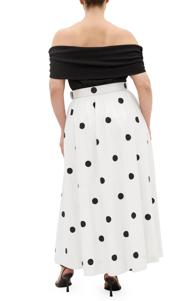 City Chic Anita Mixed Media Off the Shoulder Maxi Dress, Alternate, color, Blk Polka