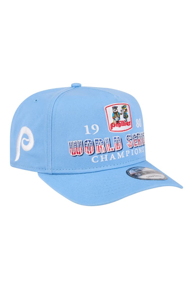 Men's New Era Light Blue Philadelphia Phillies 1980 World Series Champions Throwback 9FIFTY A-Frame Snapback Hat, Main, color, Light Blue