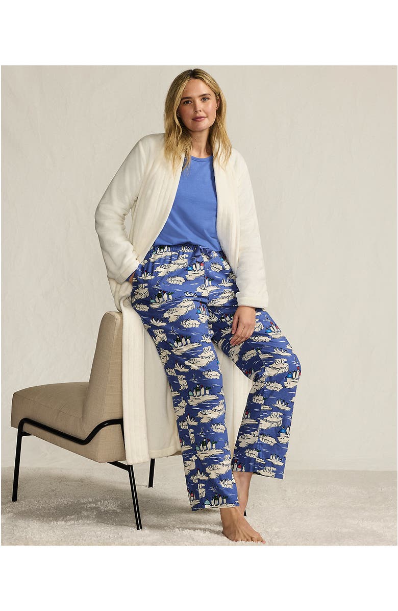 Lands' End Pajama Set Knit Long Sleeve T-Shirt and Flannel Pants, Alternate, color, Cobalt Blue Holiday Penguins