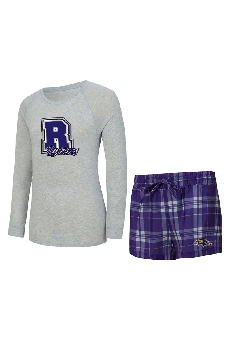 Women's Concepts Sport  Heather Gray/Purple Baltimore Ravens Regulate Plaid Long-Sleeve T-Shirt & Shorts Sleep Set, Main, color, Heather Gray