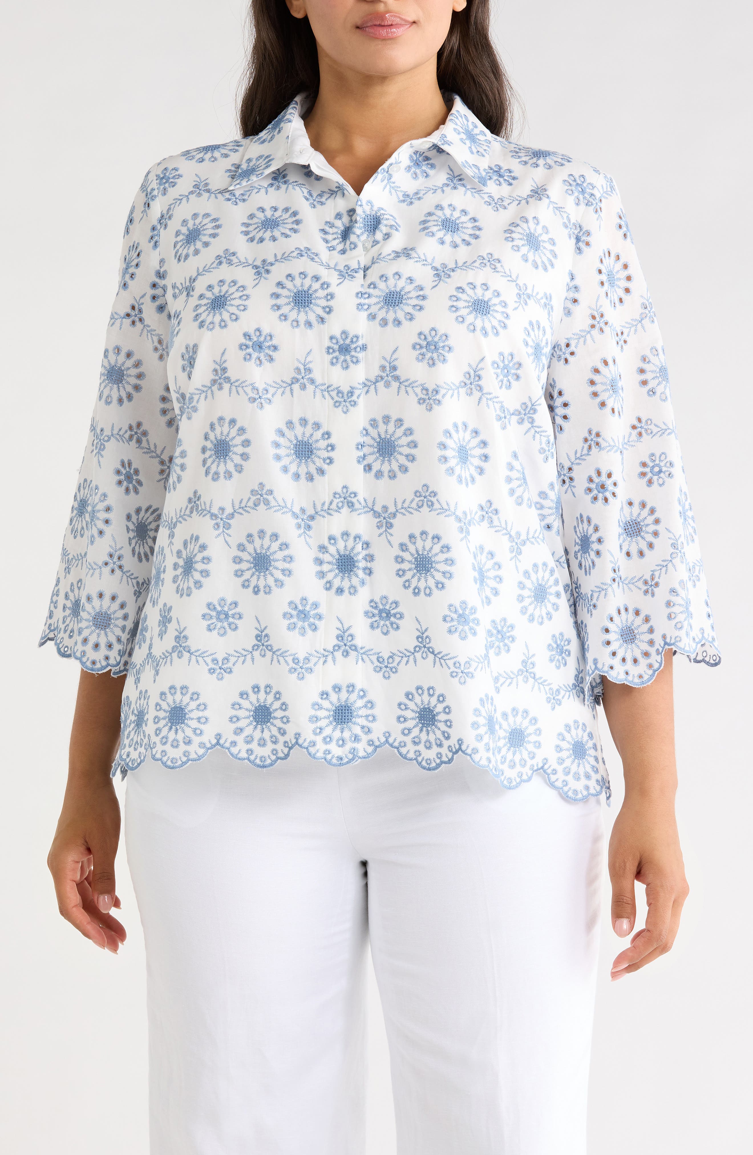 Anne Klein Scallop Eyelet Button Up Shirt