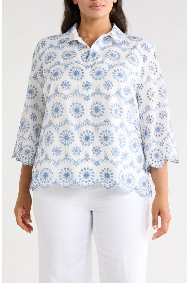 Scallop Eyelet Button Up Shirt, Main, color, CRISP WHITE/LAGOON