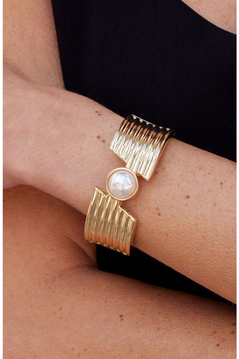 Imitation Pearl Hinged Bangle Bracelet, Alternate, color, YELLOW