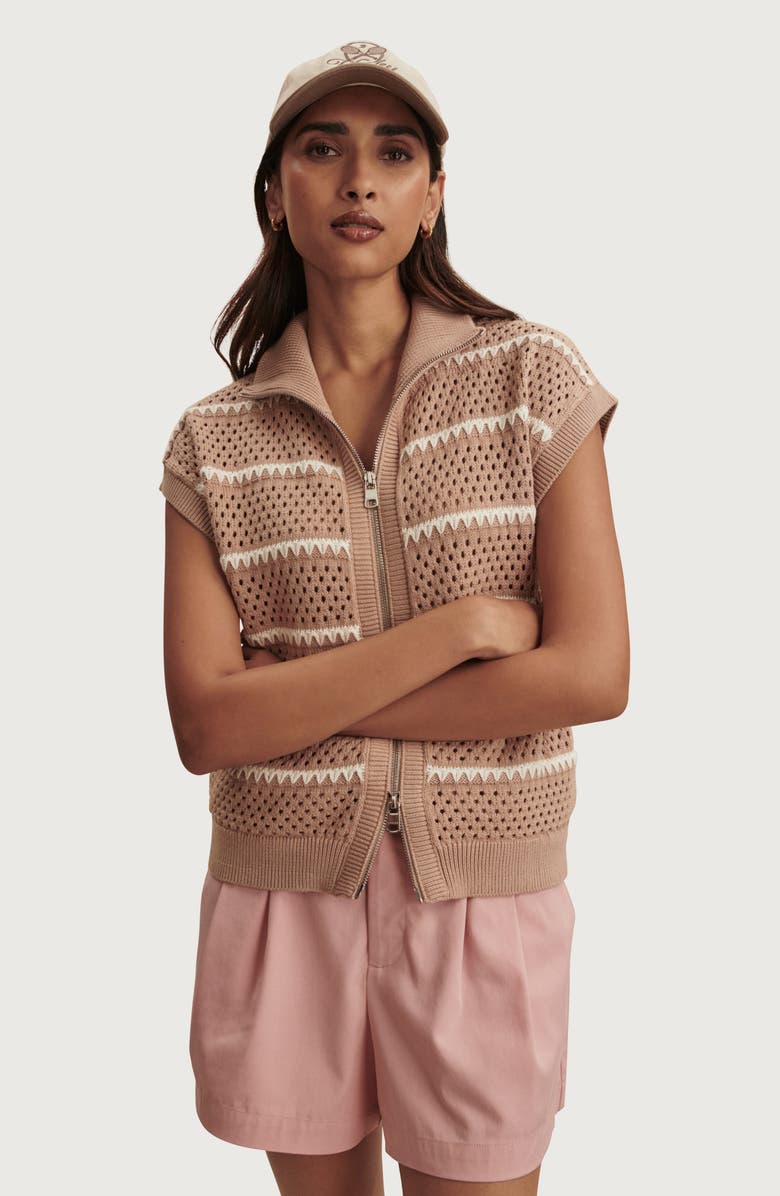 Varley Haney Stripe Pointelle Knit Zip Front Sweatshirt, Alternate, color, Light Taupe