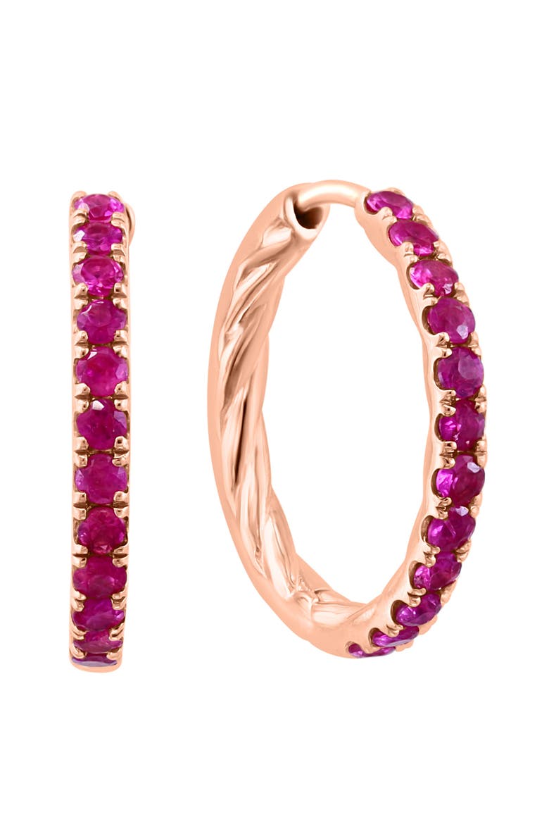 14K Rose Gold Plated Ruby Huggie Hoop Earrings, Main, color, RED