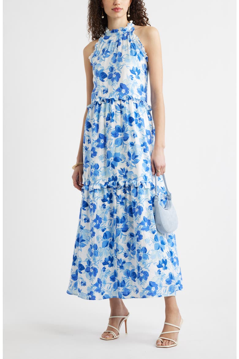 Ruffle Trim Sleeveless Maxi Dress, Alternate, color, BLUE GABBY FLORAL