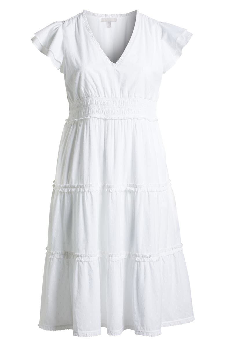 Chelsea28 Flutter Sleeve Clip Dot Tiered Midi Dress, Alternate, color, White