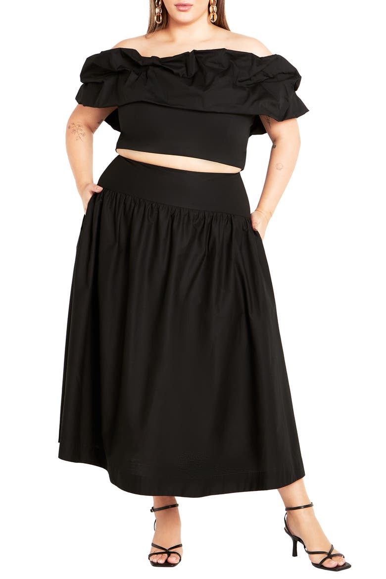Kaia Off the Shoulder Crop Top & Maxi Skirt, Main, color, BLACK