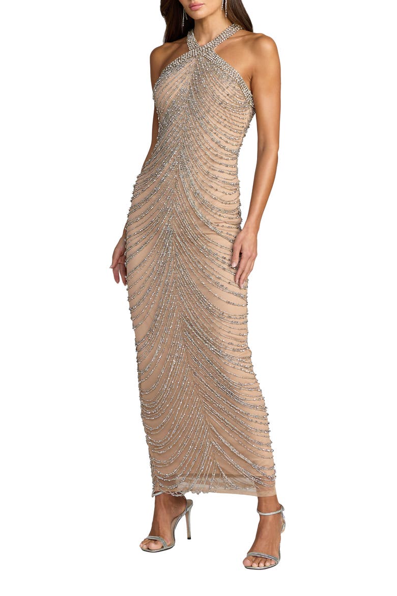 Halter Neck Embellished Maxi Dress, Main, color, Nude Silver