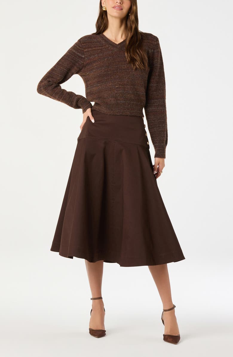 ASTR the Label Drop Waist Stretch Cotton Midi Skirt, Alternate, color, Brown