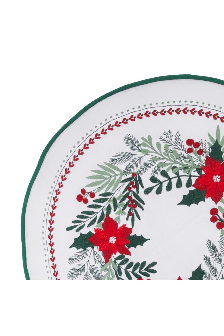 Poinsettia Wreath Round Shaped Embroidered Christmas Throw Pillow 18" x 18", Alternate, color, Green