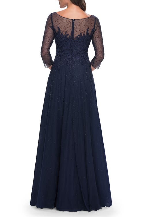 La Femme Rhinestone Embellished A-line Tulle And Lace Evening Dress In Navy