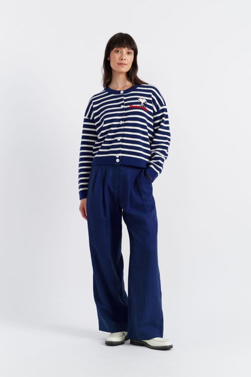 Chinti & Parker Snoopy Breton Milano Embroidered Merino Wool Cardigan In Admiral Blue/cream