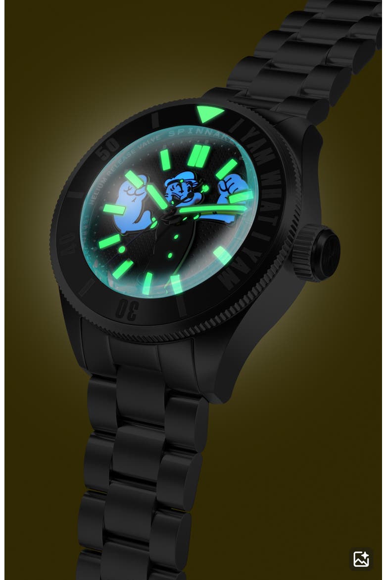 x Popeye Forearm Fury Piccard Automatic Bracelet Watch, 45mm, Alternate, color, BLACK