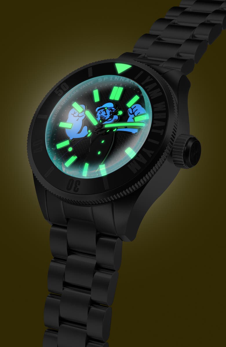 SPINNAKER x Popeye Forearm Fury Piccard Automatic Bracelet Watch, 45mm, Alternate, color, Black