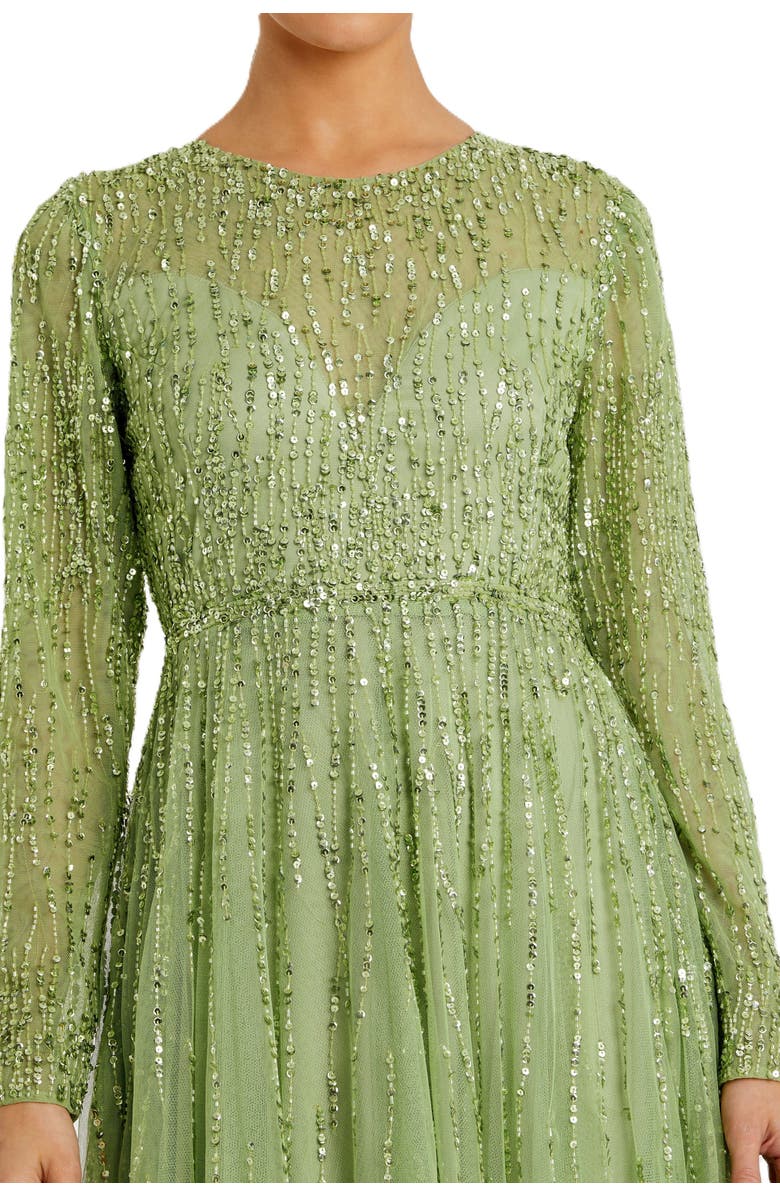 Mac Duggal Women's Sequin Illusion High-Neck Long Sleeve A-Line Gown, Alternate, color, Sage