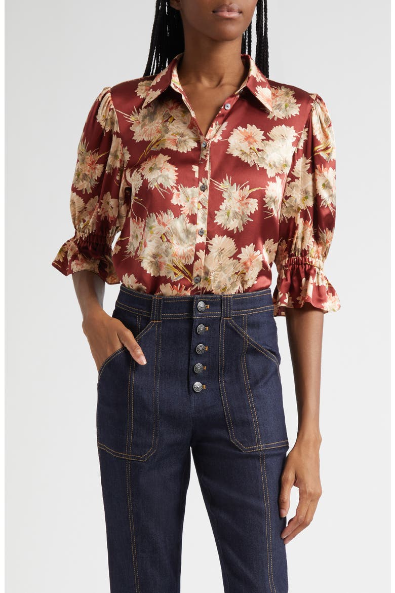Fiona Mae Bouquet Satin Button-Up Shirt, Main, color, WINEBERRY MULTI