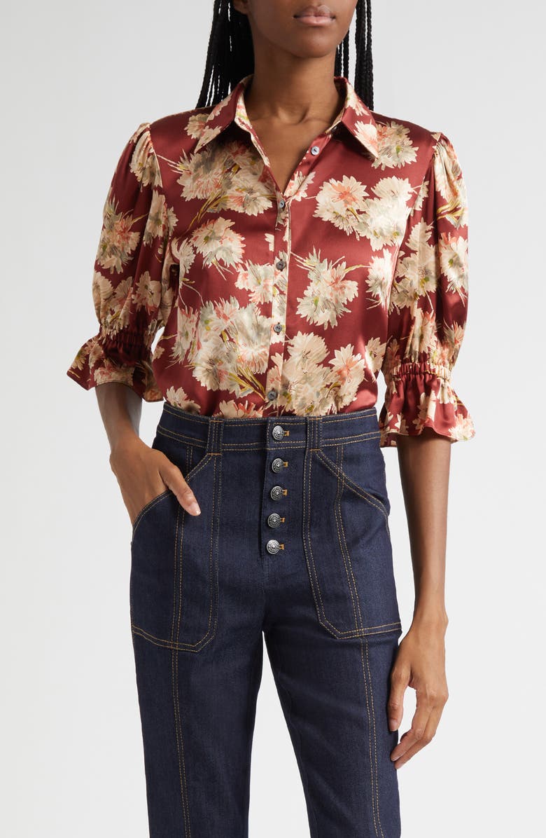 Cinq à Sept Fiona Mae Bouquet Satin Button-Up Shirt, Main, color, Wineberry Multi