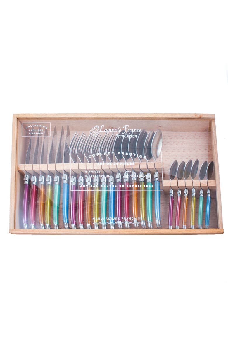 24 Piece Flatware Set, in Wood Box with Acrylic Lid, Main, color, Rainbow