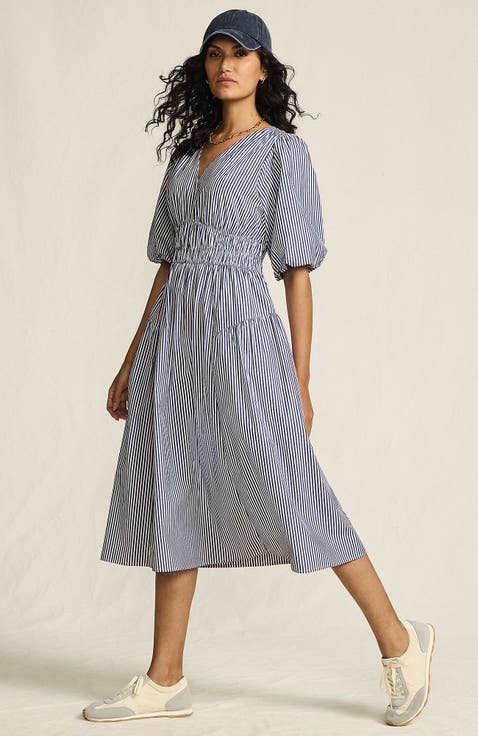 Puff Sleeve Smocked Waist V Neck Dress