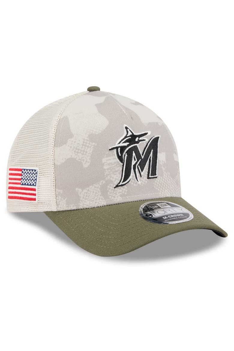 Men's New Era Light Beige/Olive Miami Marlins 2025 Armed Forces Day 9FORTY M-Crown A-Frame Adjustable Hat, Main, color, Light Beige