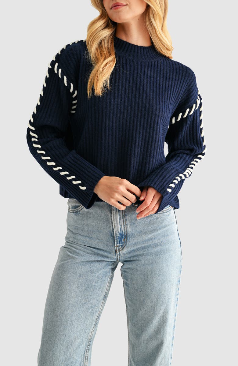 All in Favor Whipstitch Mock Neck Rib Sweater, Alternate, color, Navy Ivory