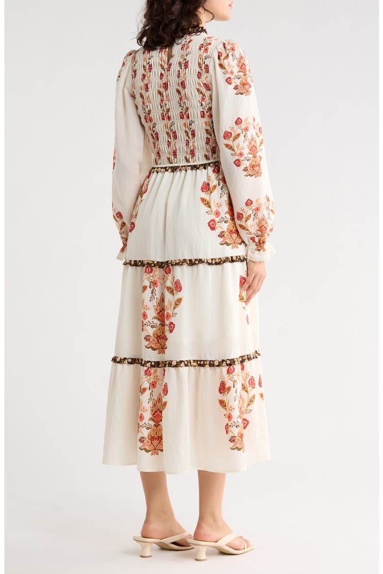 Long Sleeve Smocked Midi Dress, Alternate, color, BEIGE MULTI