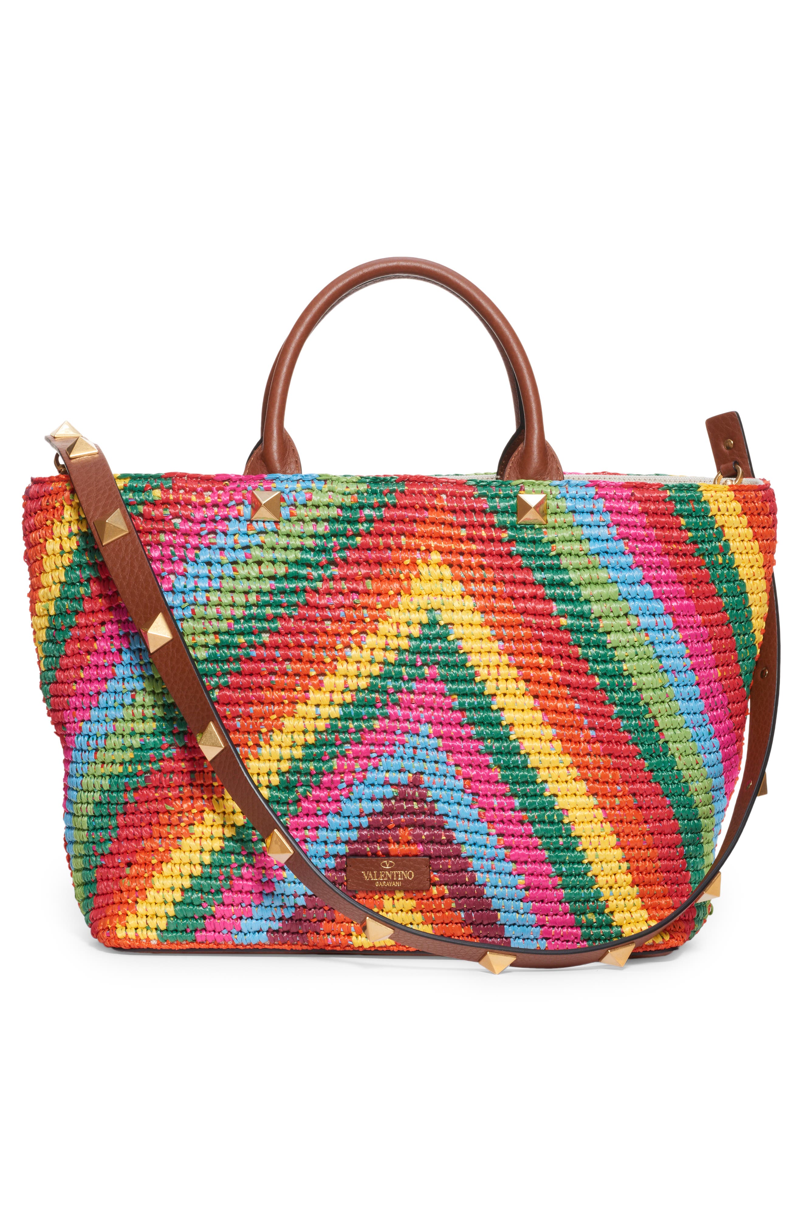 Valentino Garavani Roman Stud Rainbow Raffia Tote, Alternate, color, 