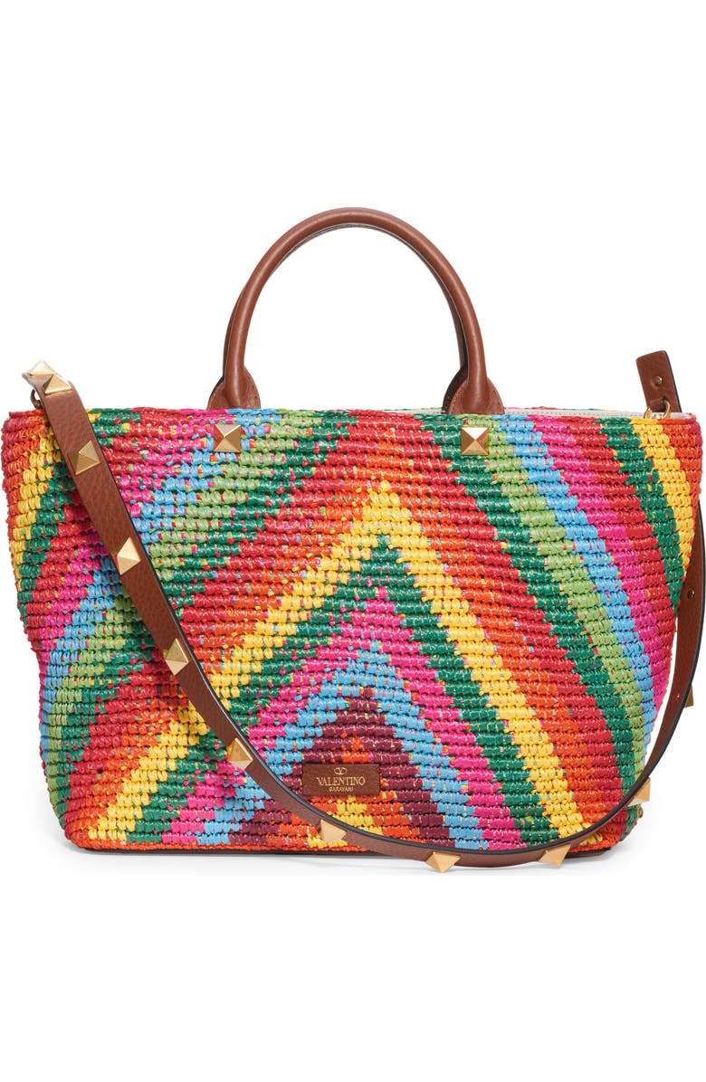 Valentino Garavani Roman Stud Rainbow Raffia Tote, Alternate, color,