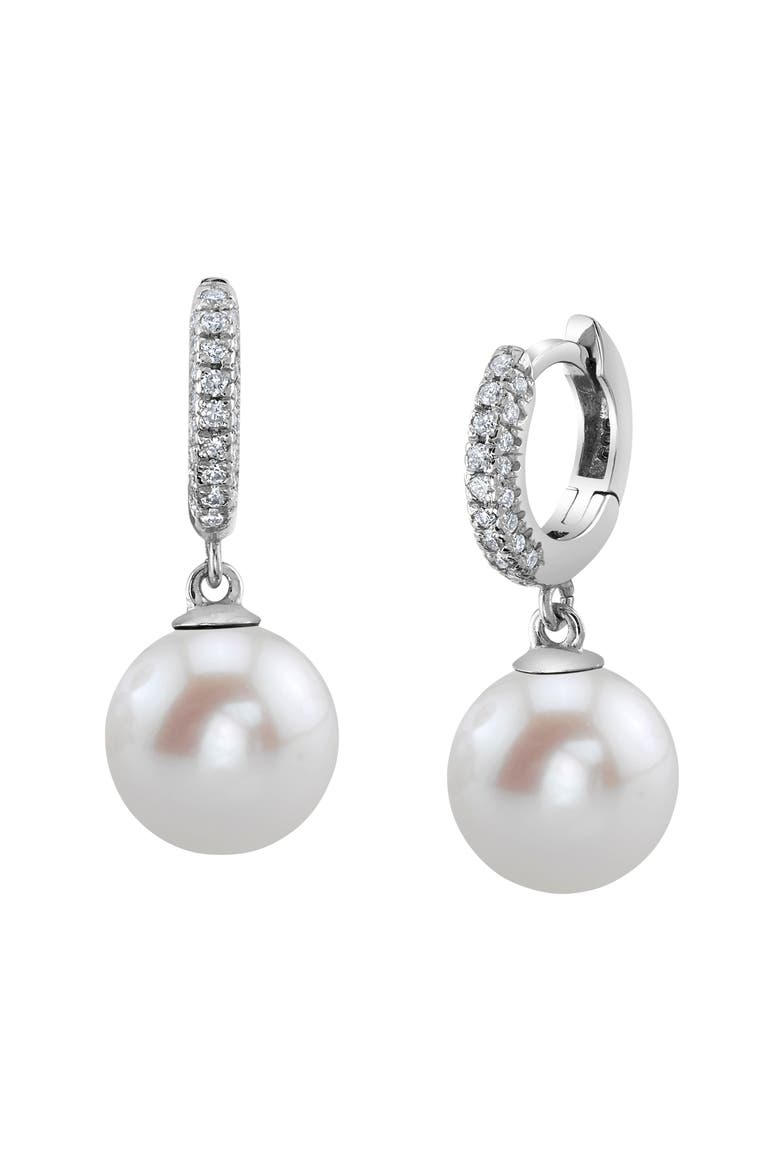 Freshwater Pearl & Diamond Huggie Eileen Earrings, Main, color, White Gold