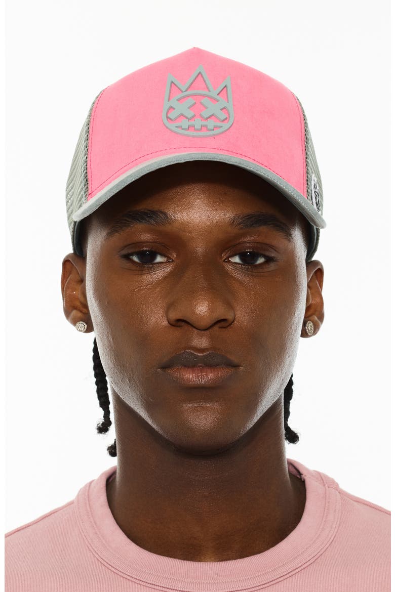 Logo Mesh Back Suede Trucker Hat, Main, color, HOT PINK