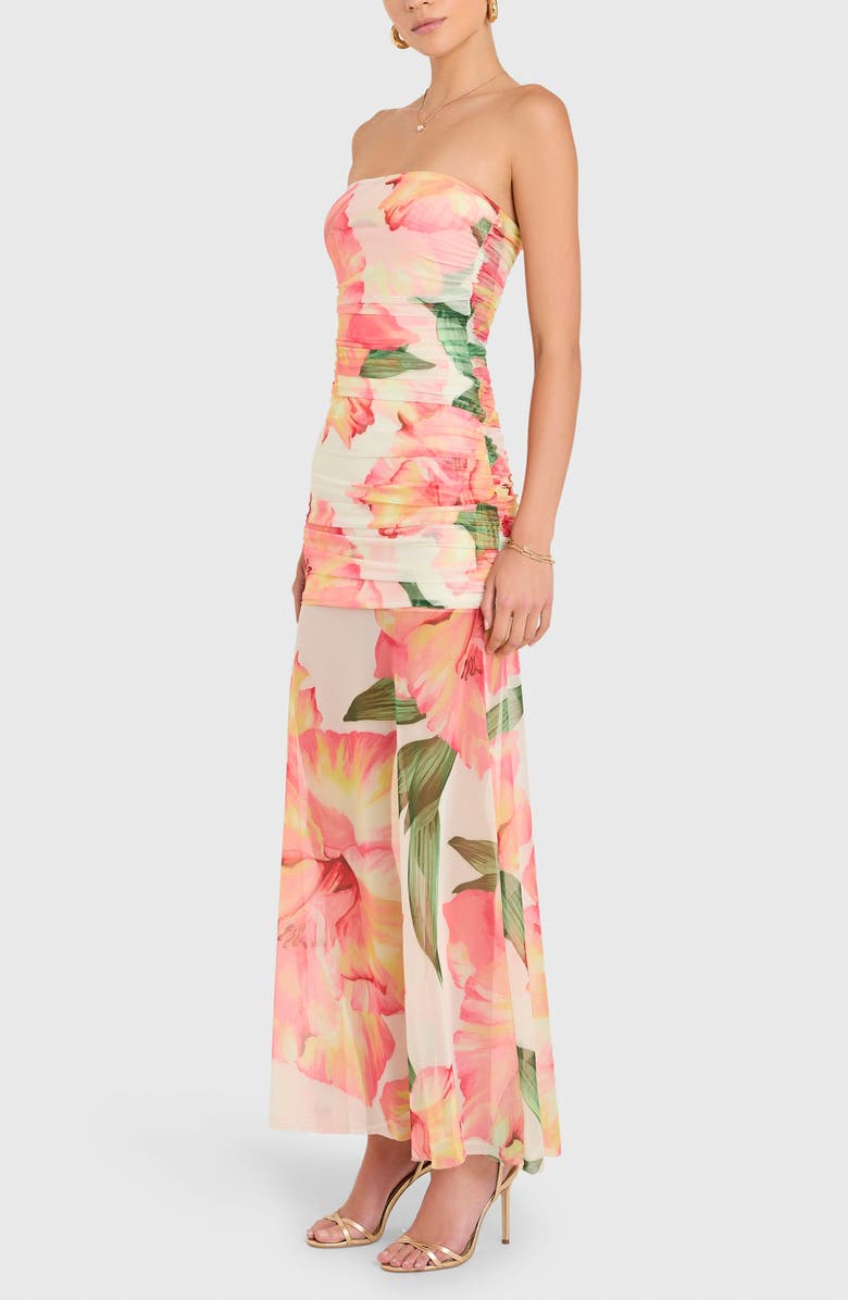 Amanda Uprichard Leo Floral Ruched Strapless Maxi Dress, Alternate, color, Pink Hibiscus