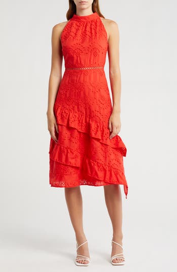 SAM EDELMAN SAM EDELMAN HIGH NECK EYELET MIDI DRESS 