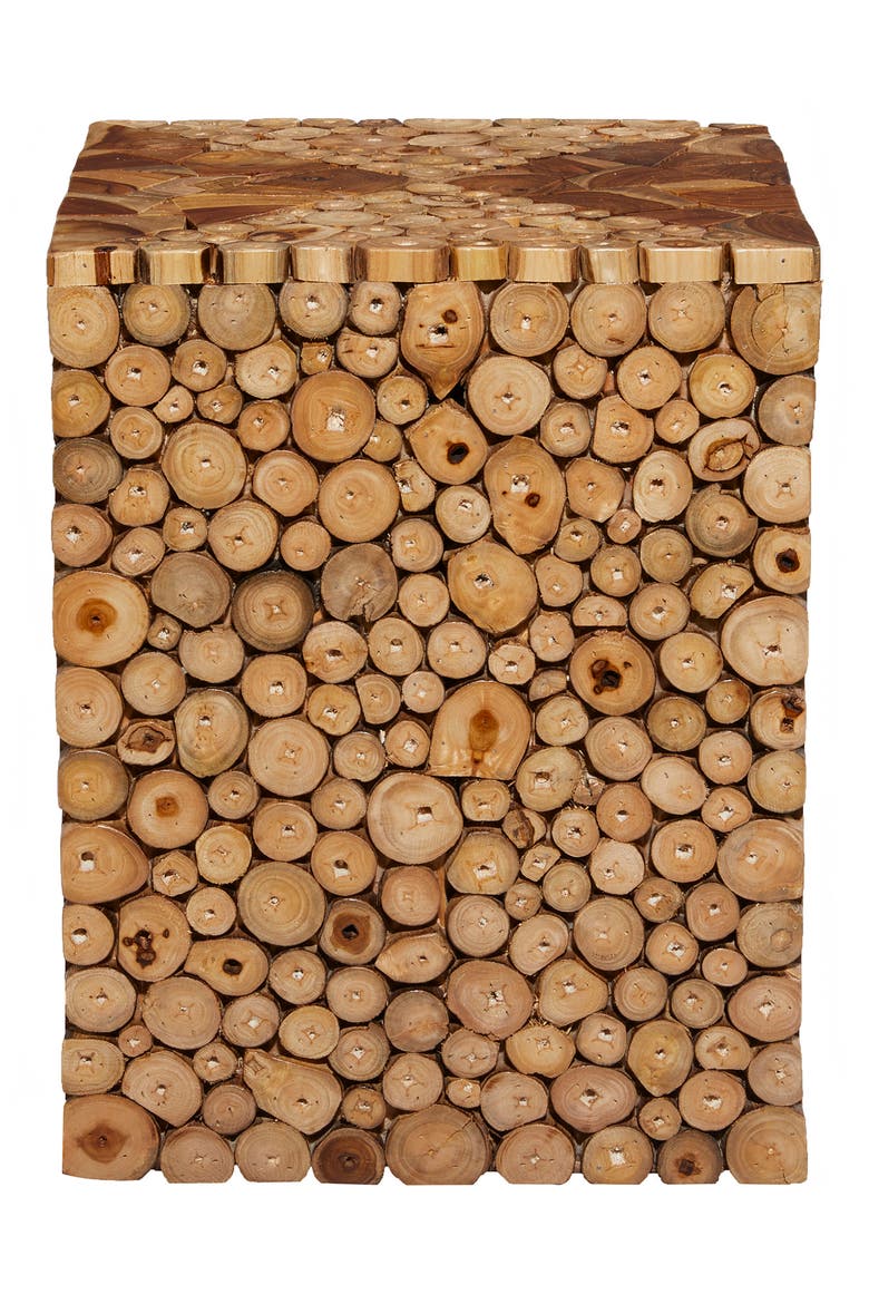 Brown Teak Wood Handmade Accent Table with Mosaic Wood Chip Design, Alternate, color, BROWN