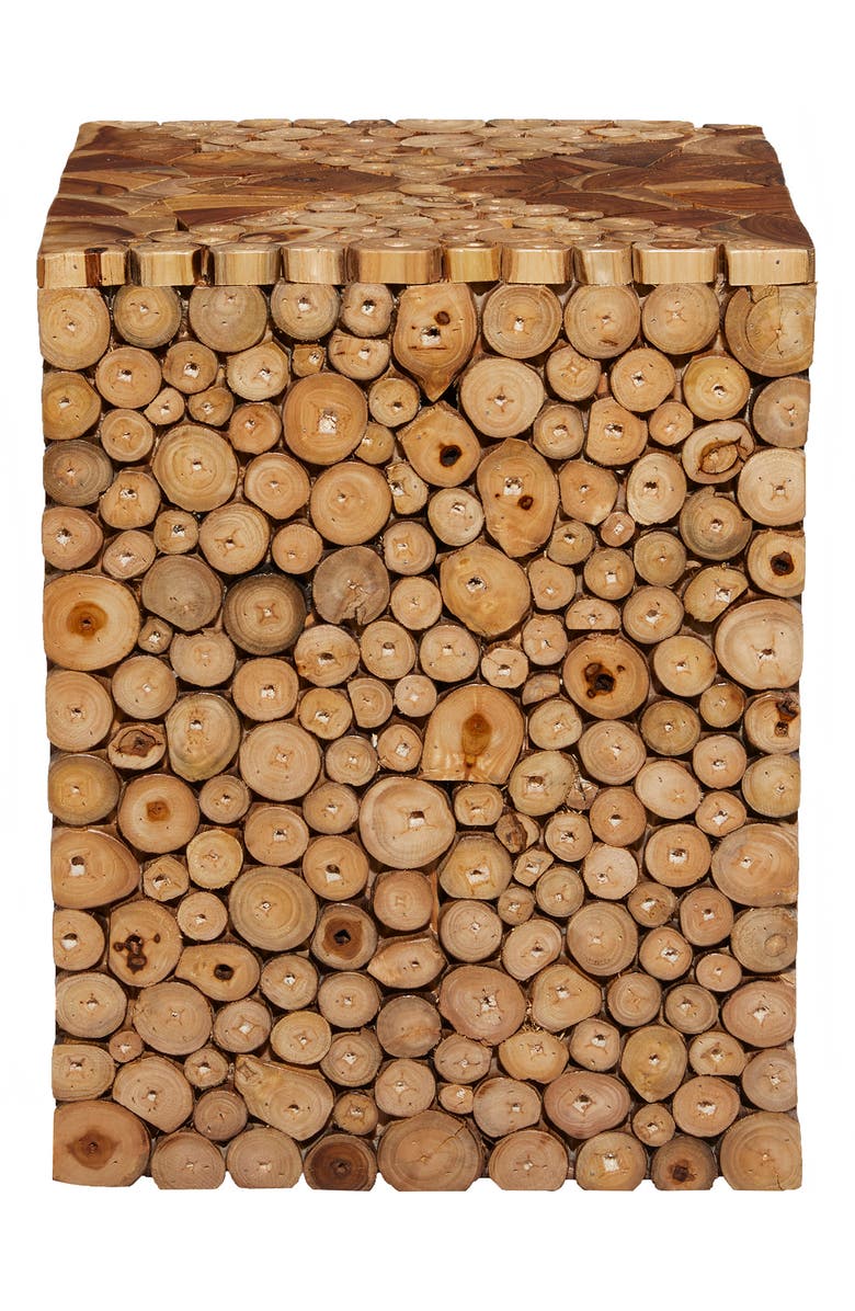 GINGER BIRCH STUDIO Brown Teak Wood Handmade Accent Table with Mosaic Wood Chip Design, Alternate, color,