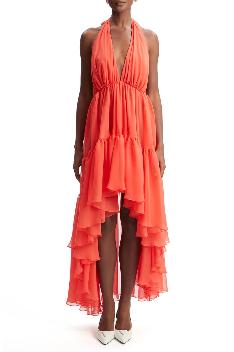 Leona High-Low Chiffon Halter Dress, Main, color, FIRE RED