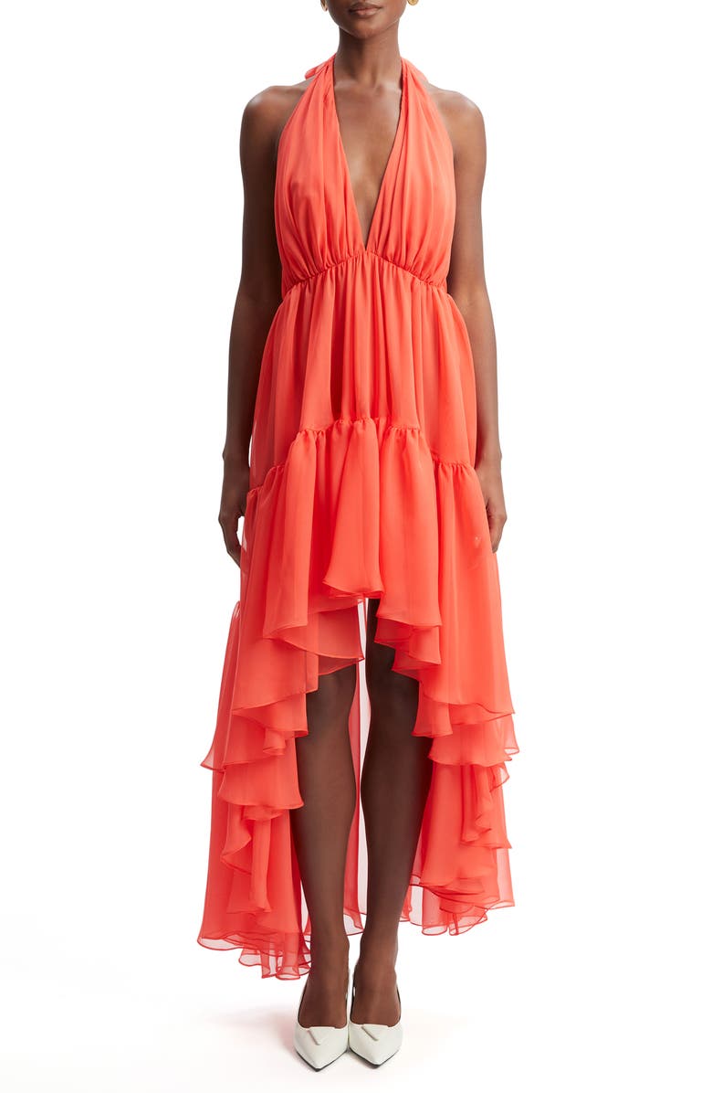 Bardot Leona High-Low Chiffon Halter Dress, Main, color, Fire Red