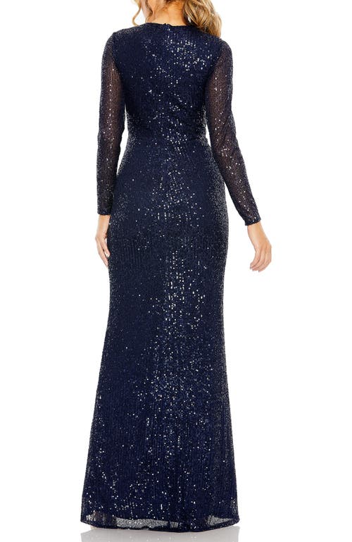 Mac Duggal Sequined Long Sleeve Side Knot Gown In Midnight