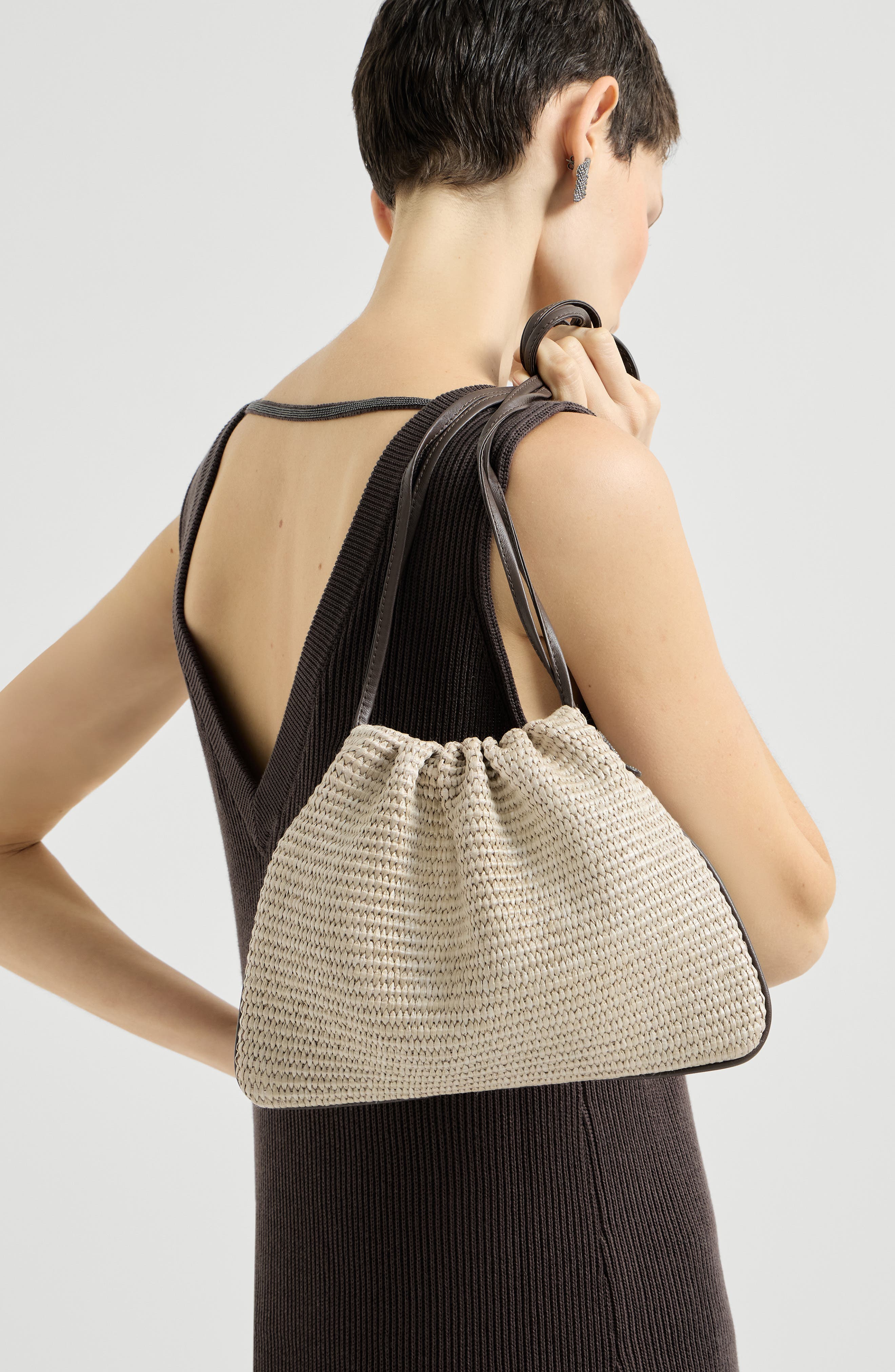 Brunello Cucinelli BC Duo precious net pouch bag, Alternate, color, Beige