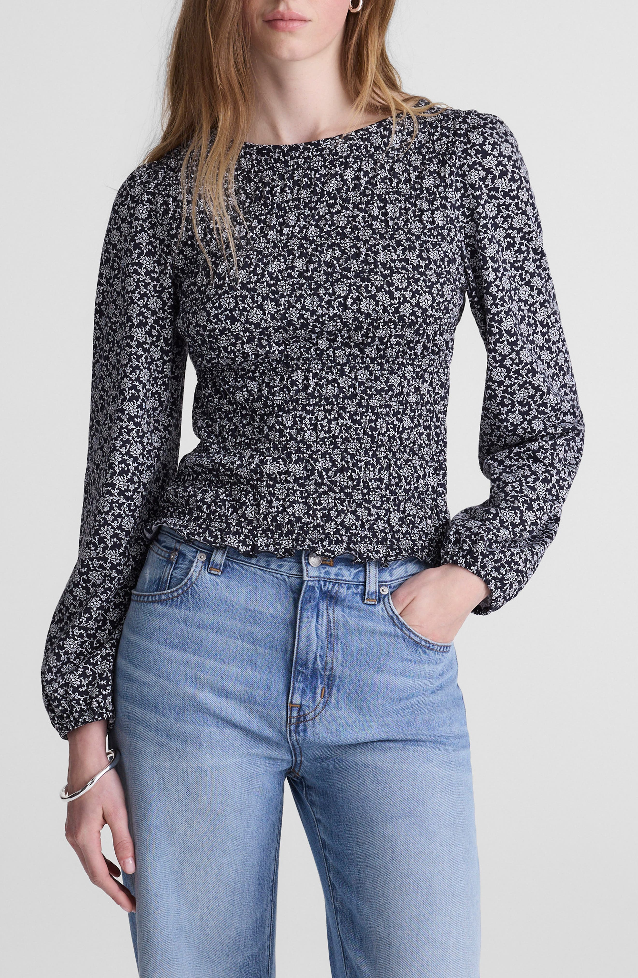 Madewell Smocked Boat Neck Long Sleeve Cotton Blend Top