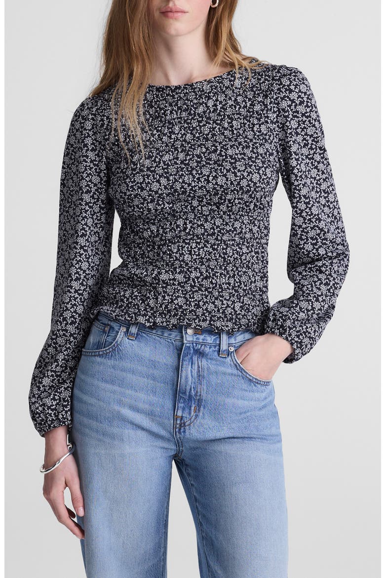 Smocked Boat Neck Long Sleeve Cotton Blend Top, Main, color, CLASSIC NAVY