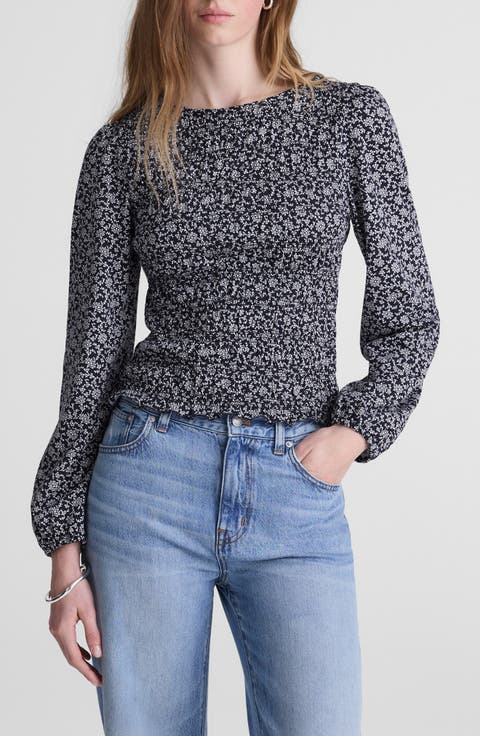 Smocked Boat Neck Long Sleeve Cotton Blend Top