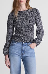 Madewell Smocked Boat Neck Long Sleeve Cotton Blend Top